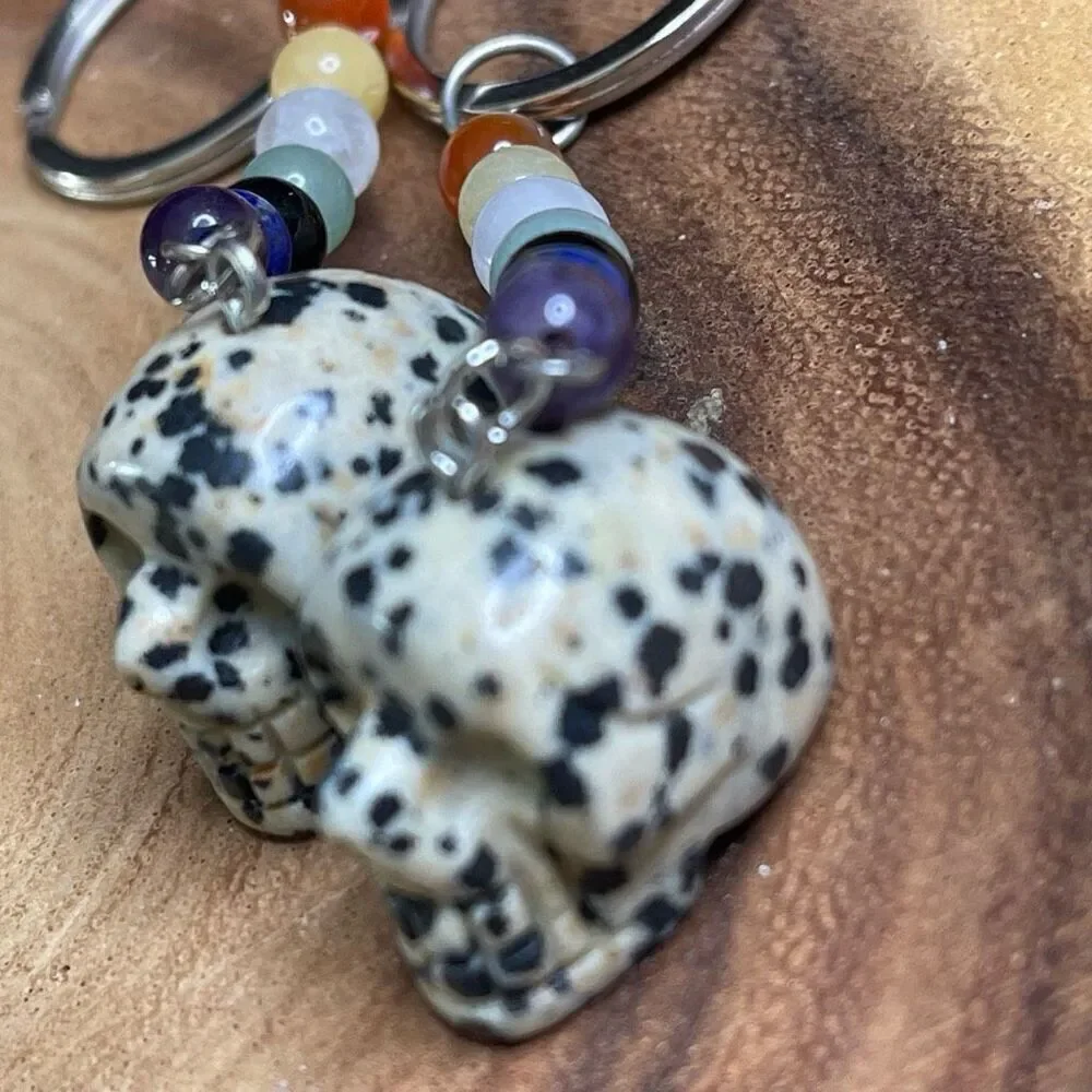 Dalmatian jasper skull carving key chain key ring 7 chakra beads rainbow